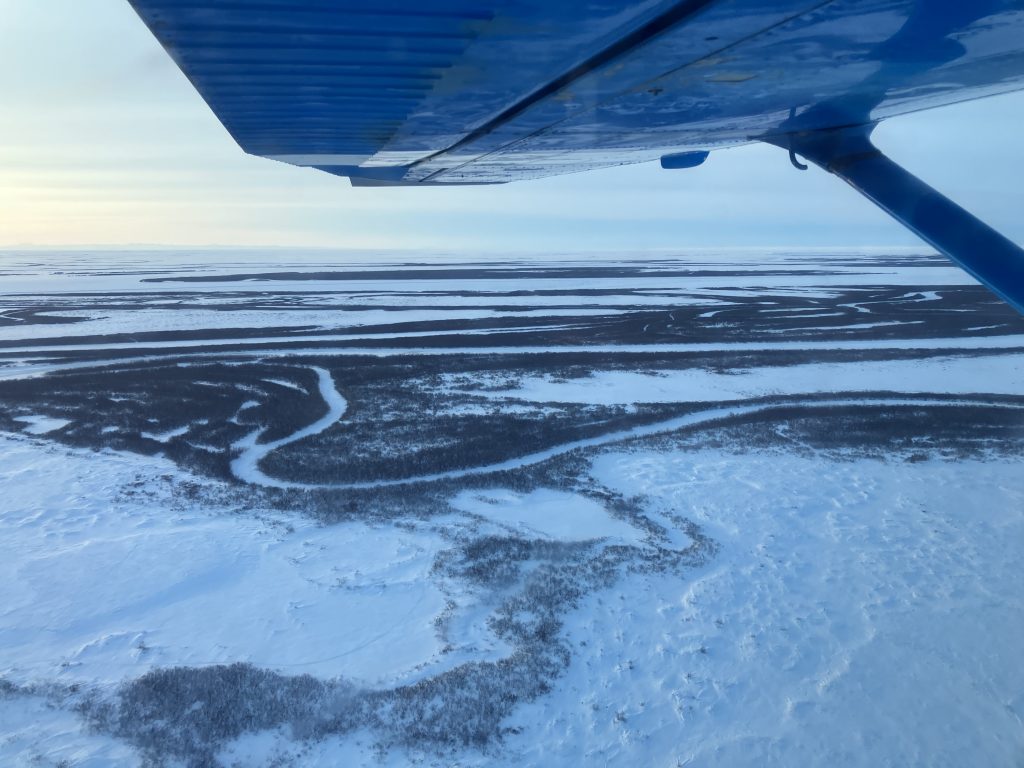 Aerial view of snowy Alaskan tundra 
